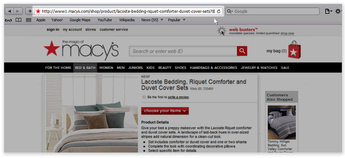 macys.com product link highlighted in URL bar